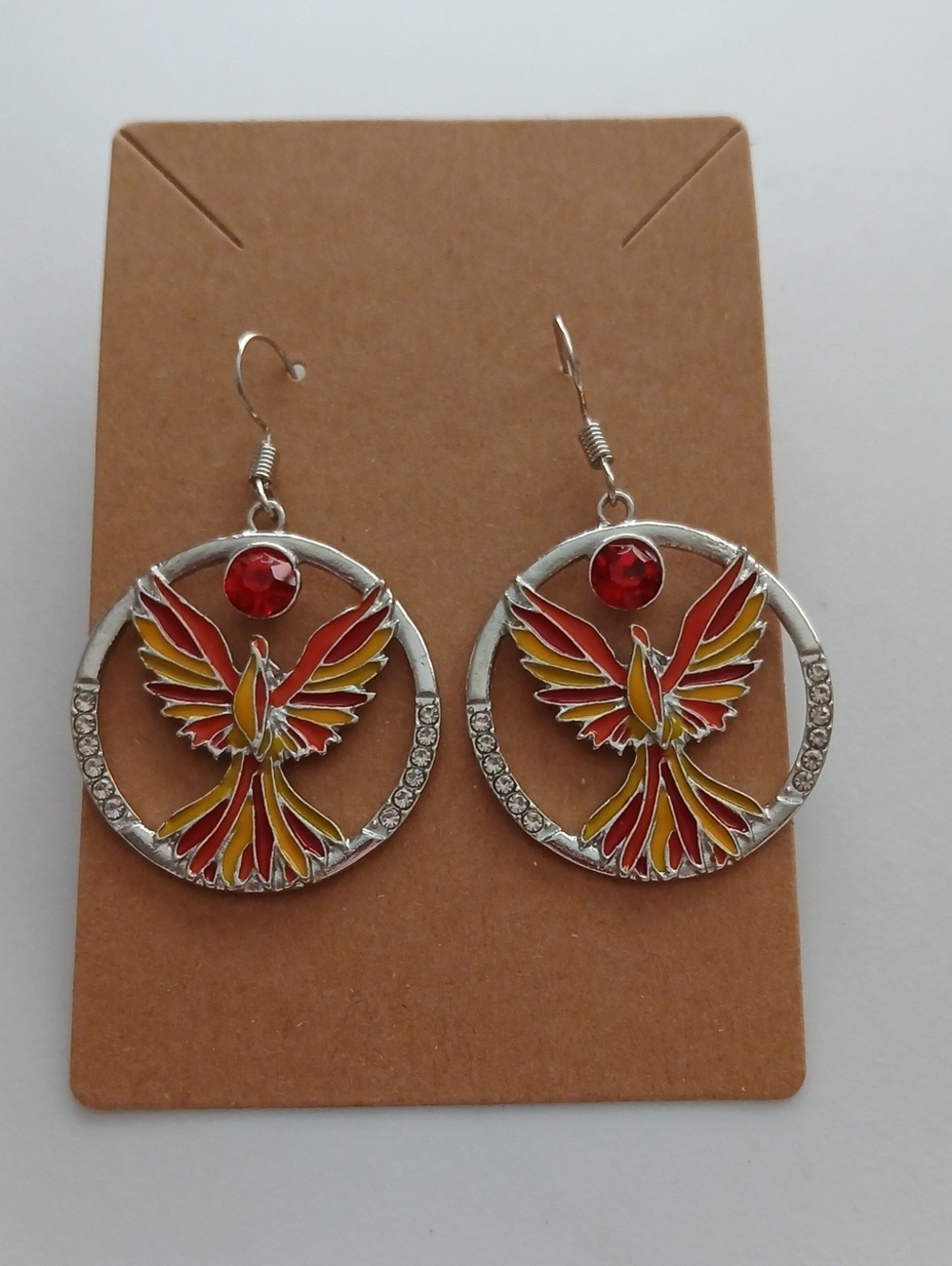 Fashion Jewelry Silver-Tone Phoenix Hoop Earrings with Red and Yellow Enamel